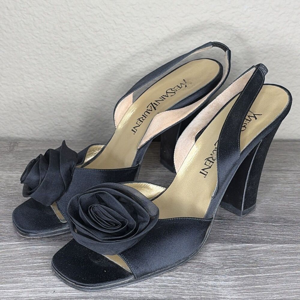 Yves Saint Laurent Vtg Satin Slingback Block Heel Sandal Rosette Womens 6.5 YSL